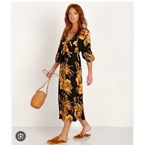 FAITHFULL THE BRAND Oliviera Midi Dress Caribbean Print Floral Black Size M